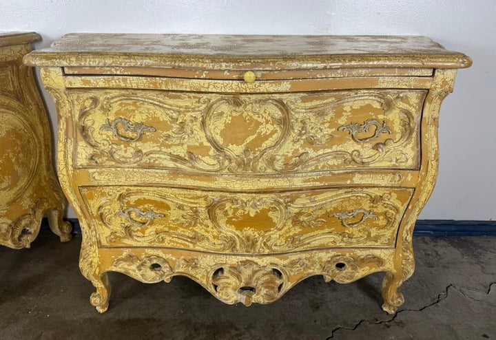 Pair of Louis XV–Style Painted Bombe Commodes with Carved Rococo Ornament