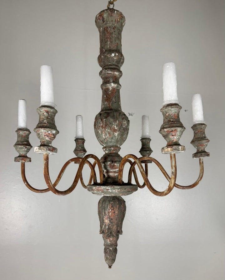 Antique European Painted Wood and Iron Six-Light Chandelier