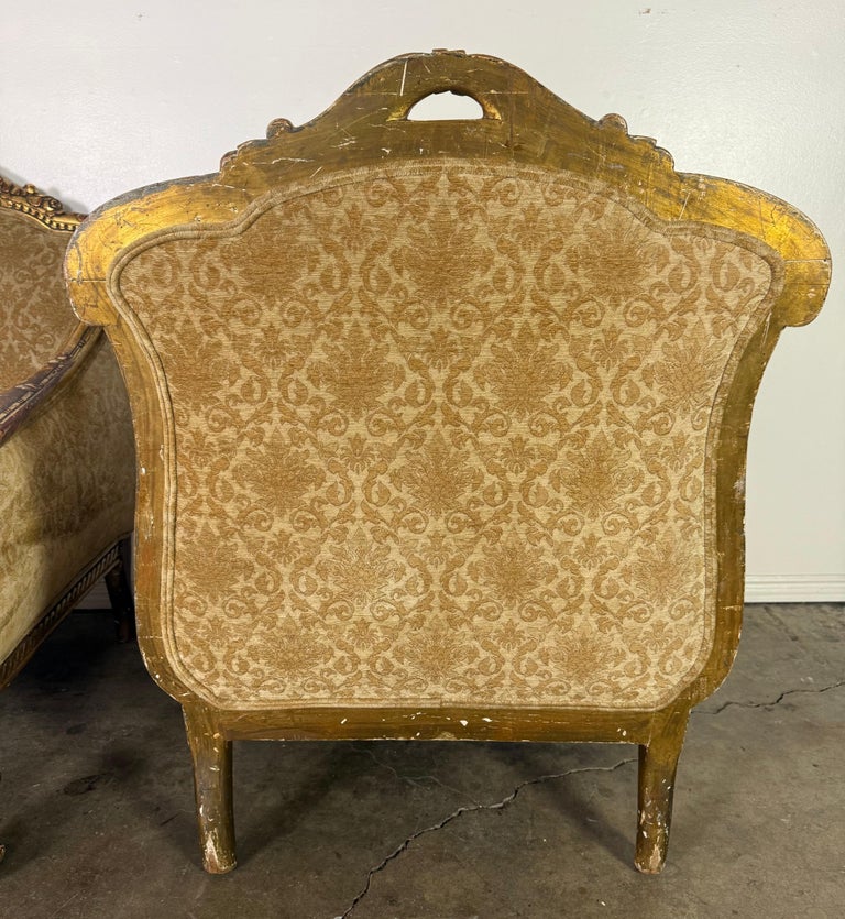 Pair of Italian Giltwood Armchairs with Damask Upholstery