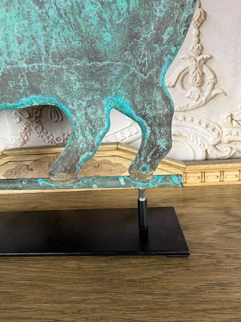 Folk Art Copper Pig Weathervane Object on Iron Base