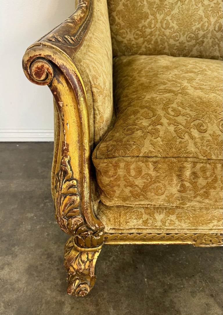 Pair of Italian Giltwood Armchairs with Damask Upholstery