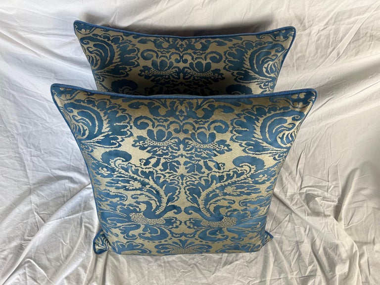 Pair of Vibrant Blue & Gold Metallic Fortuny Textile Pillows