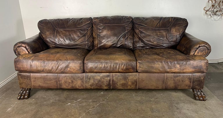 Mid-20th C. Leather Upholstered Sofa w/ Lion Paw Feet