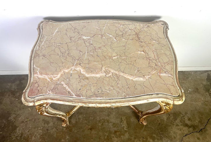 19th C. French Painted & Parcel Gilt Table w/ Marble Top