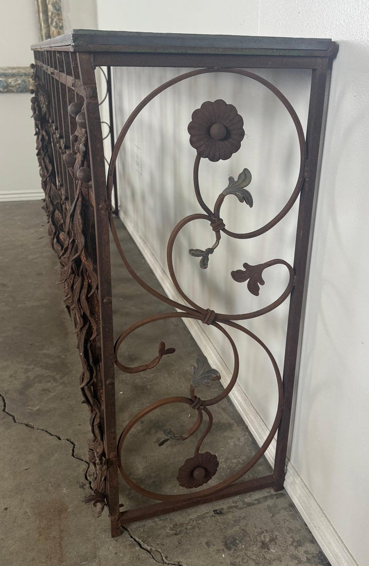 Monumental Hand-Wrought Iron Console with Stone Medallion and Classical Garlands
