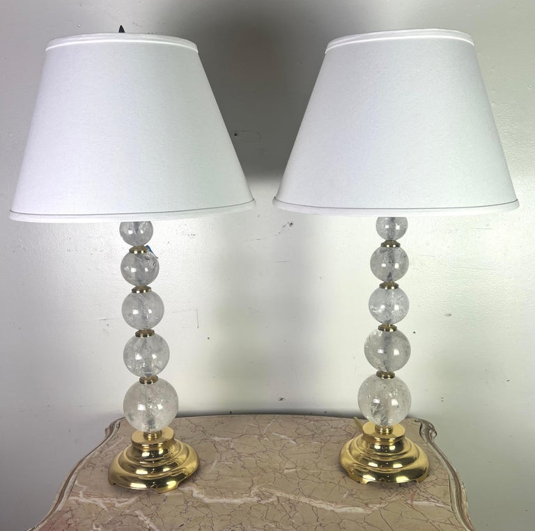 Pair of Rock Crystal Column Lamps w/ Shades