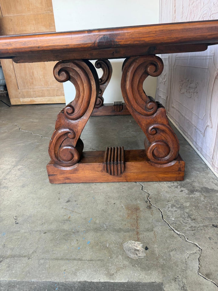 Spanish Colonial Revival Walnut Dining Table with Hand-Carved Scrollo