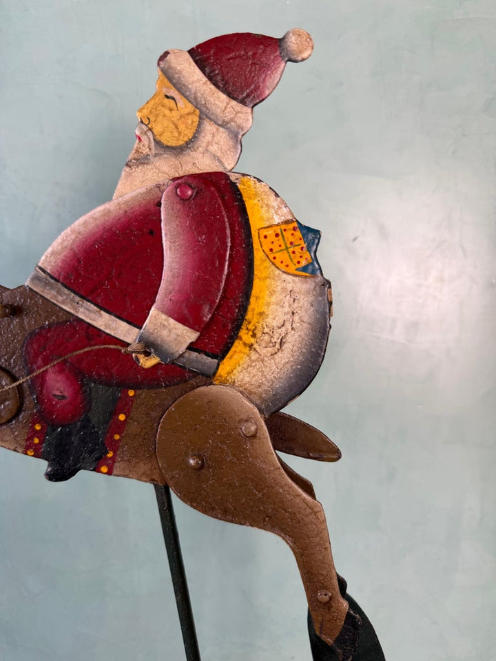 Vintage Folk Art Santa Claus on Reindeer Balancing Kinetic Sculptured