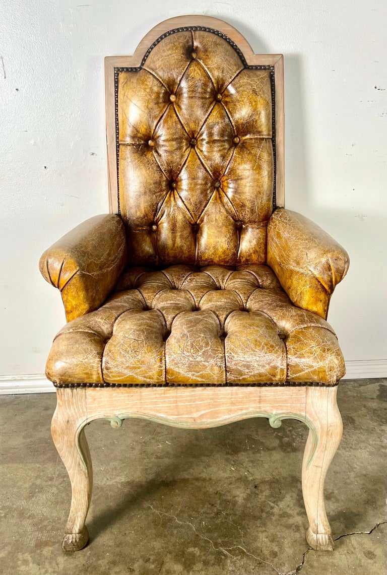 Set of Eight French Leather Tufted Dining Chairs C. 1940