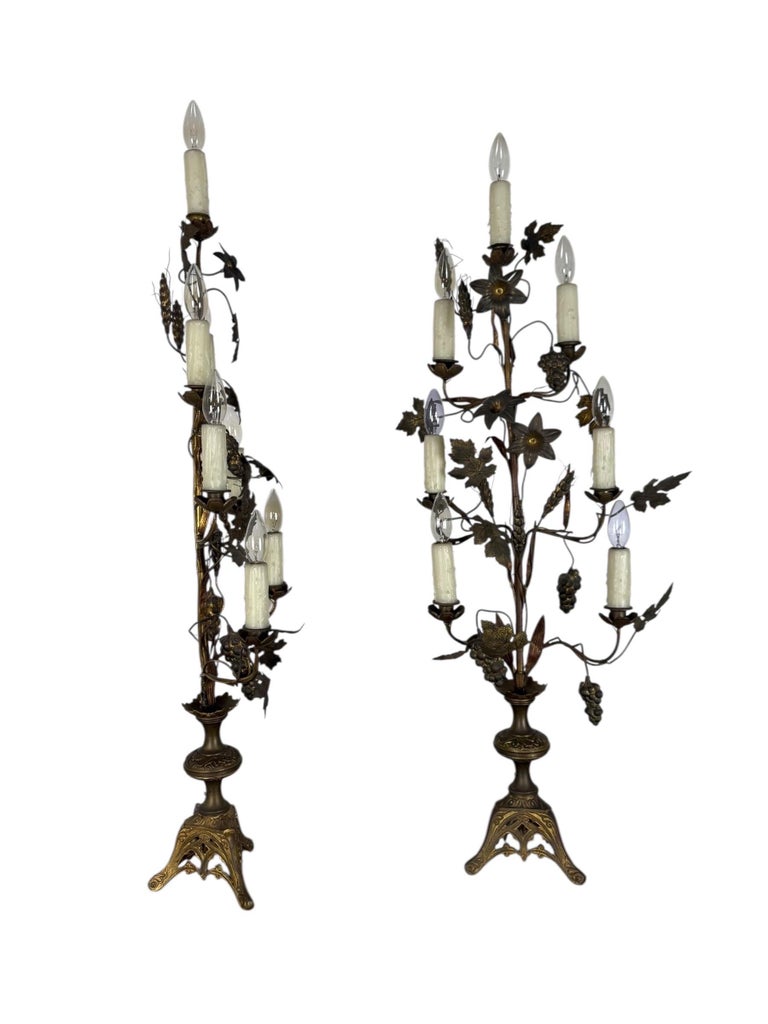 Pair of Gilded Brass Candelabra Lamps with Foliate & Grape Motifs
