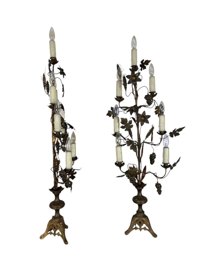 Pair of Gilded Brass Candelabra Lamps with Foliate & Grape Motifs