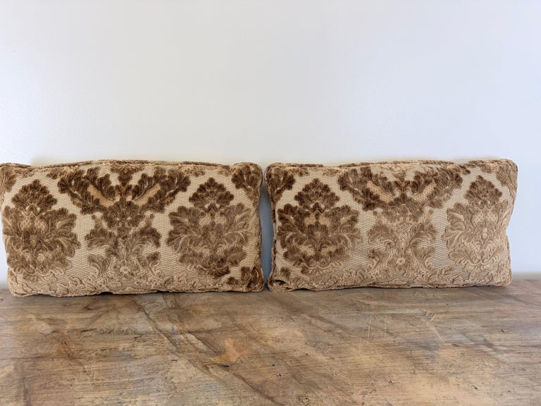 Pair of Cut Velvet Lumbar Pillows, Taupe-Brown Damask, Antique Style