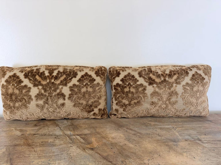 Pair of Cut Velvet Lumbar Pillows, Taupe-Brown Damask, Antique Style