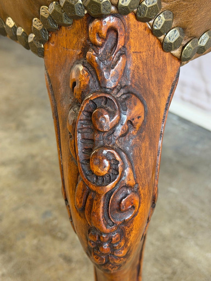 Antique French Louis XV Bench, Hand-Carved Wood &amp; Brown Leather
