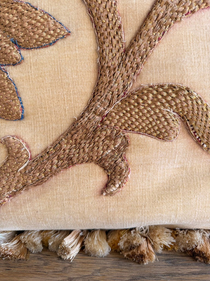 Pair of Golden Chenille Pillows w/ 19th Century Metallic Embroidered Appliqués