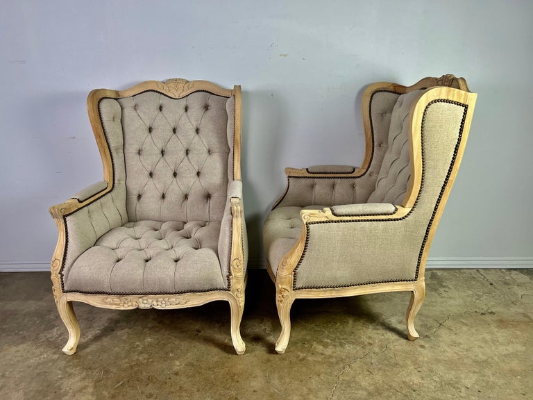 Pair of French Wingback Louis XV Style Armchairs w/ Matching Ottomans