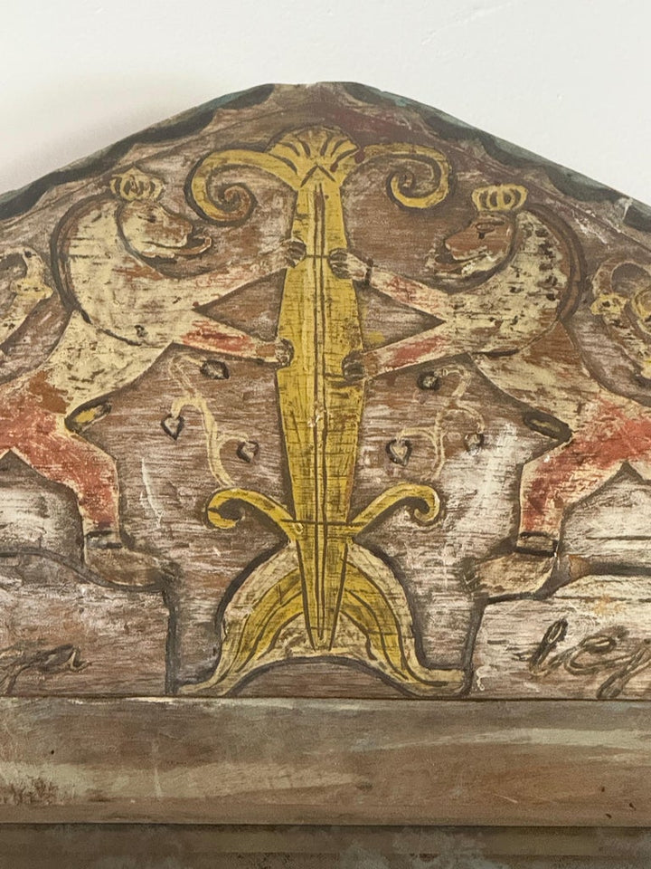 Pair of 19th Century Painted Folk Art Arched Mirrors with Heraldic Lion Crests