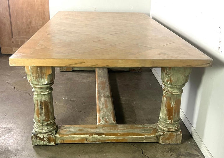 Rustic Painted Dining Table w/ Herringbone Pattern Top