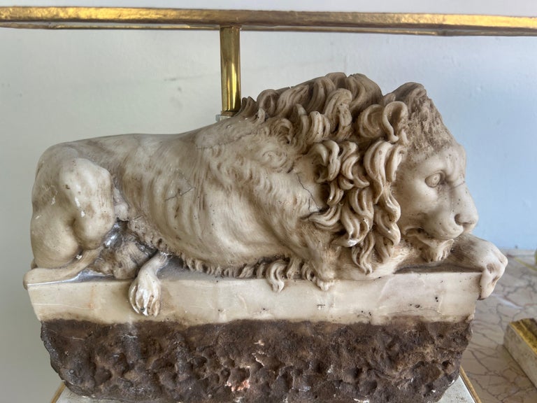 Pair of Italian Carved Stone Lion Lamps with Parchment Shades