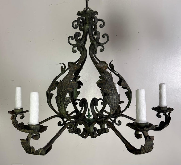 Pair of Spanish Six-Light Wrought Iron Chandeliers