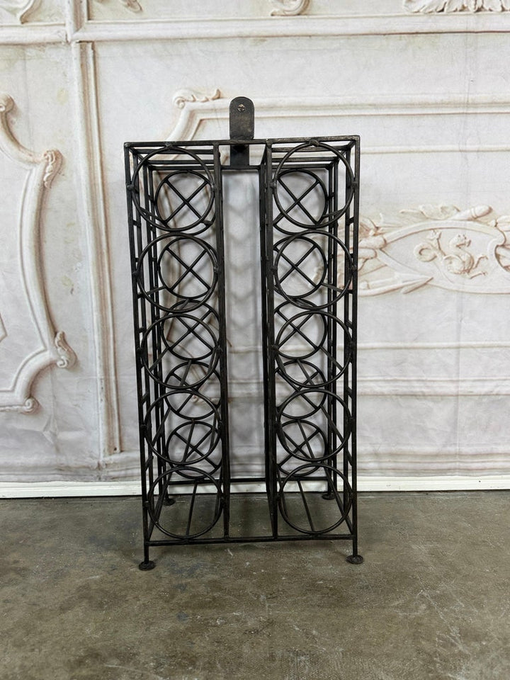 Vintage Black Iron 10-Bottle Wine Rack with Geometric Design