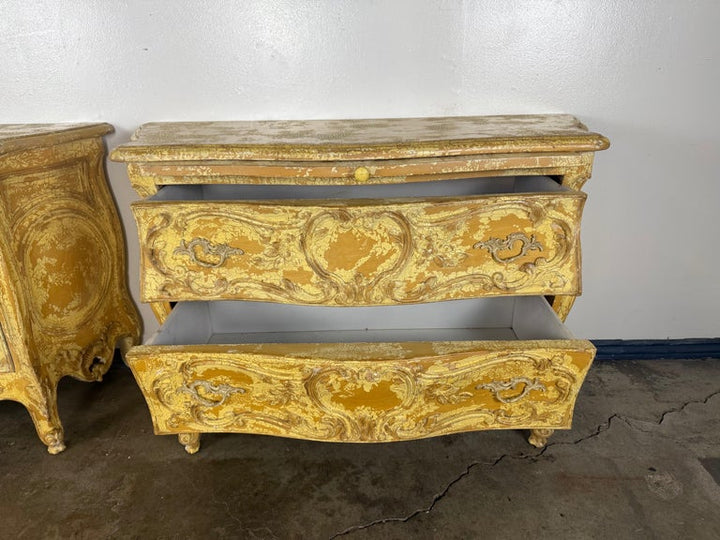 Pair of Louis XV–Style Painted Bombe Commodes with Carved Rococo Ornament