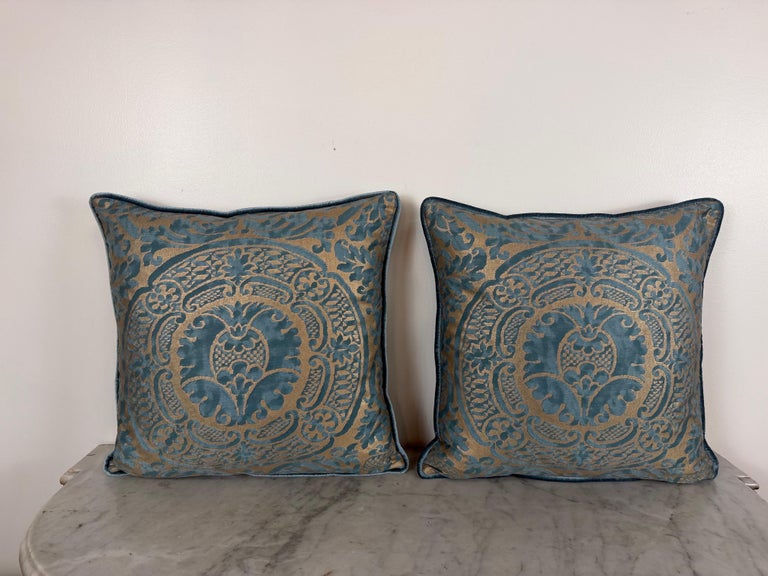 Authentic Fortuny Aquamarine Velvet &amp; Gold Pillows, Italy, 21st Century