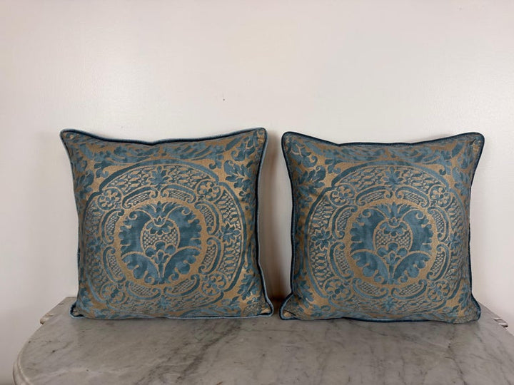 Authentic Fortuny Aquamarine Velvet &amp; Gold Pillows, Italy, 21st Century