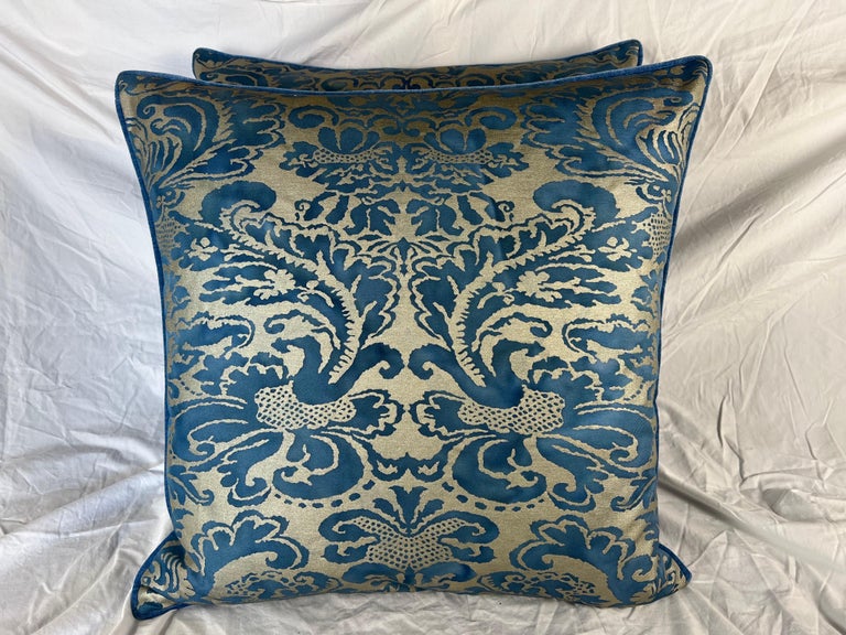 Pair of Vibrant Blue & Gold Metallic Fortuny Textile Pillows