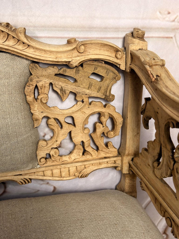 Antique Venetian Rococo Pierced Bench Settee- Hand Carved Bleached Walnut