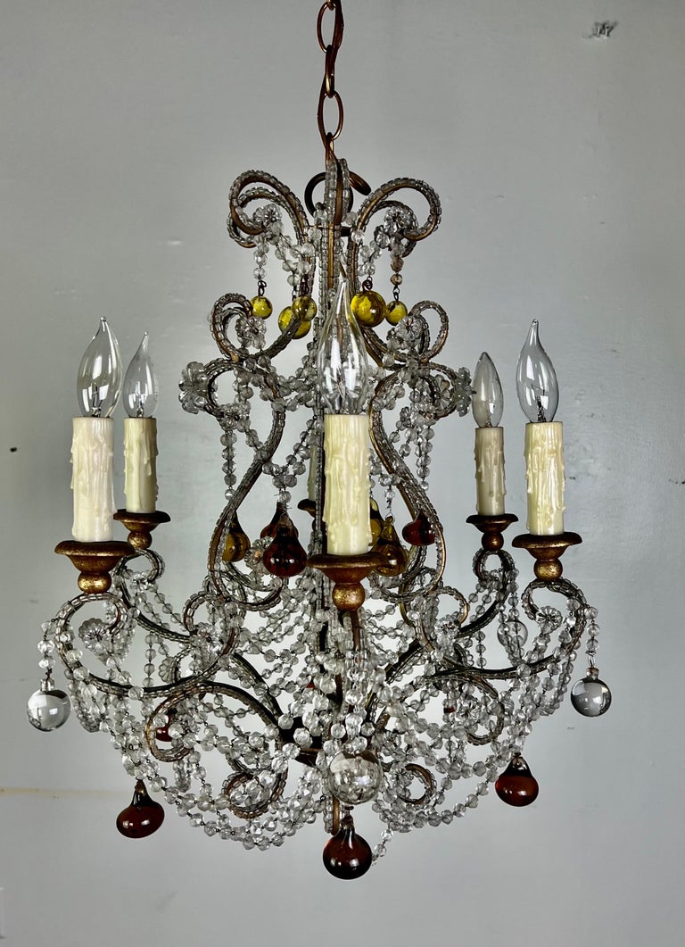 French Crystal Beaded Chandelier W/ Amber Drops, circa 1930