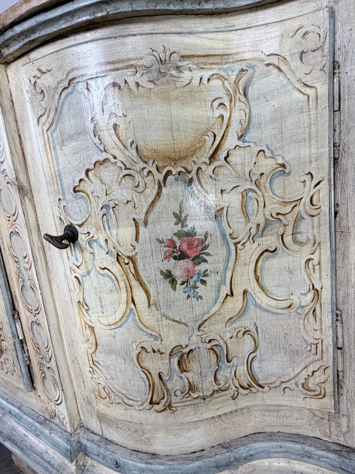 Italian Rococo Painted Serpentine Credenza with Floral Cartouches