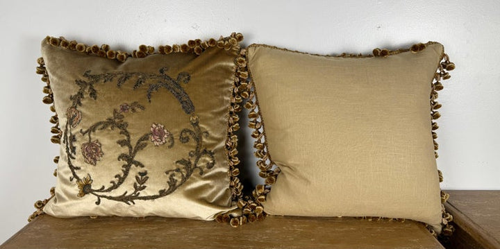 Pair of Custom Velvet Appliqué Pillows by Melissa Levinson