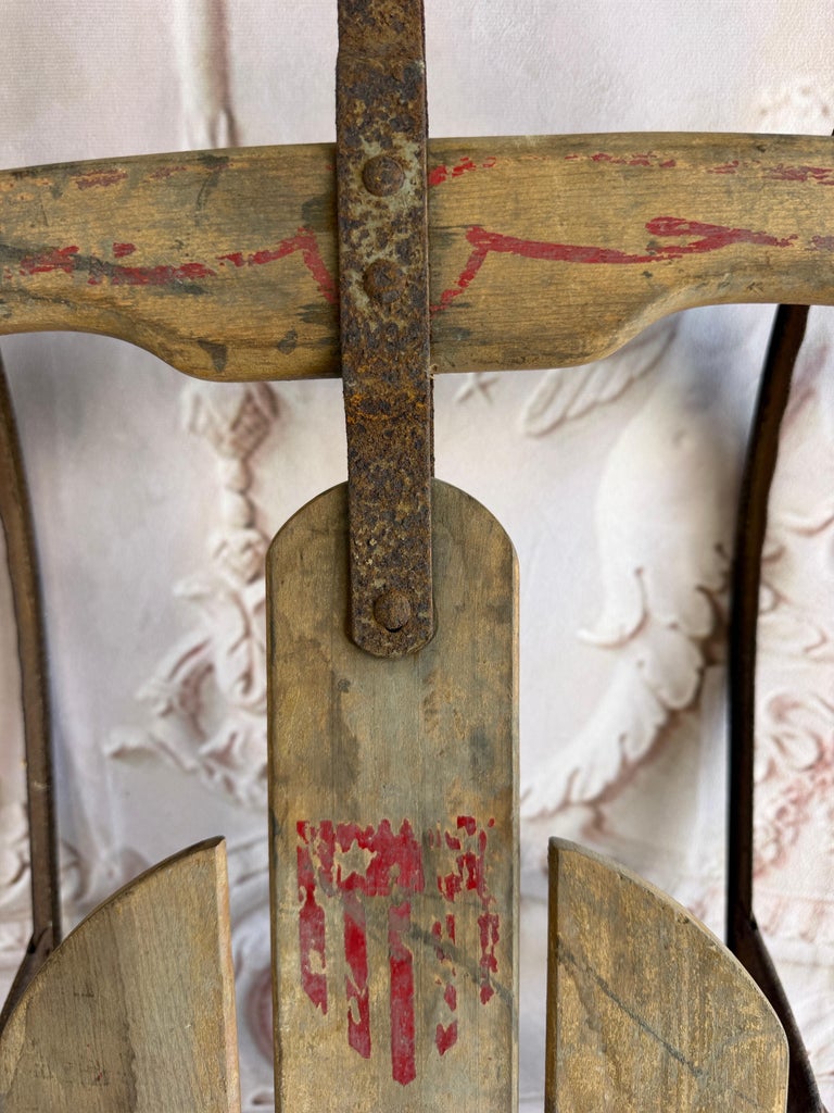 Antique American Wooden Sled with Original Red Graphics