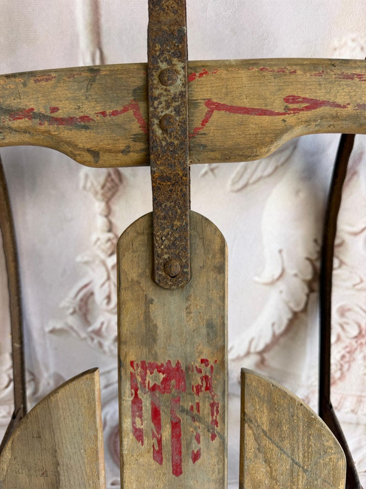 Antique American Wooden Sled with Original Red Graphics