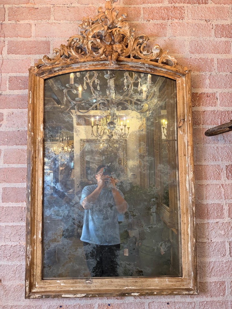 18th Century Italian Baroque Giltwood Mirror with Cherub Crest