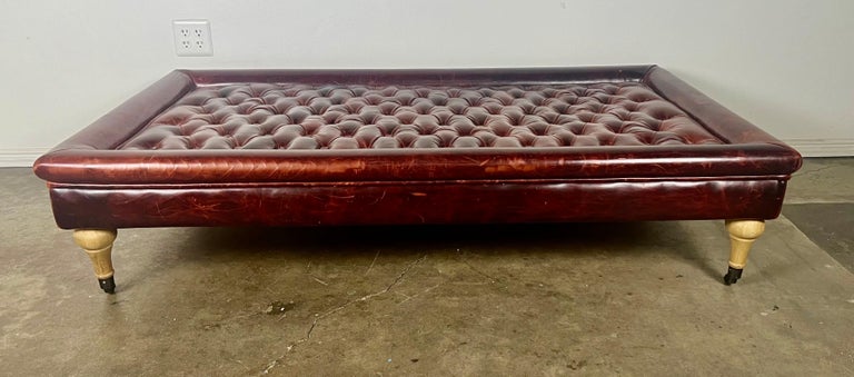 English Leather Tufted Ottoman on Casters