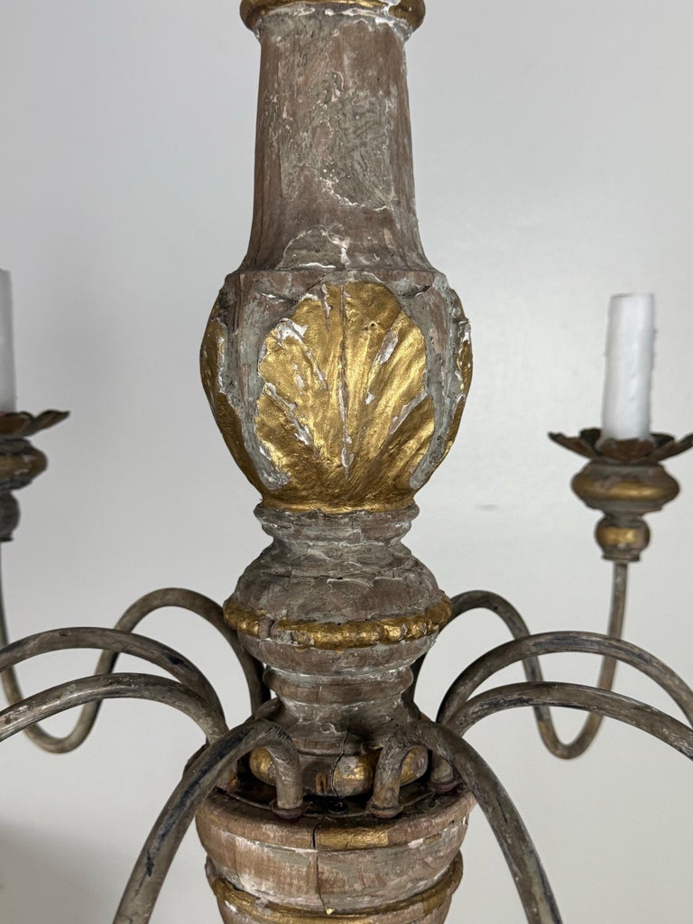 Antique Italian Giltwood and Iron Six-Light Chandelier