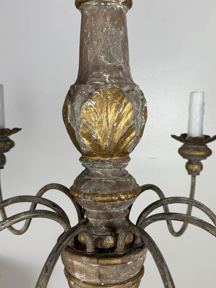 Antique Italian Giltwood and Iron Six-Light Chandelier
