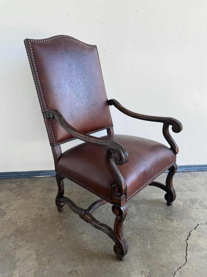 Set of Eight Spanish Revival Leather and Carved Walnut Dining Chairs