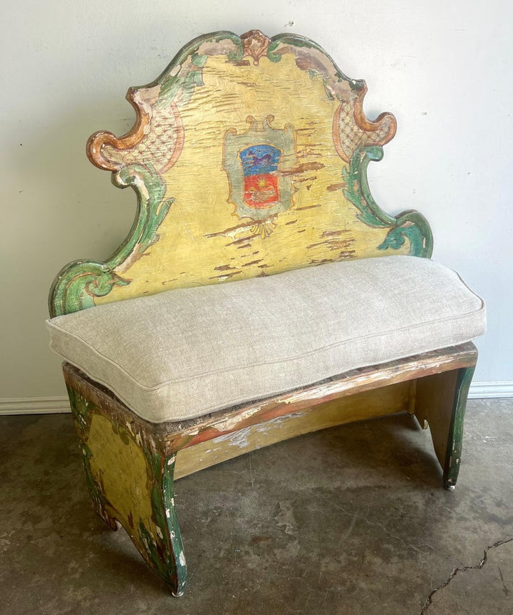 19th-century Venetian Painted Bench w/ Down Cushion