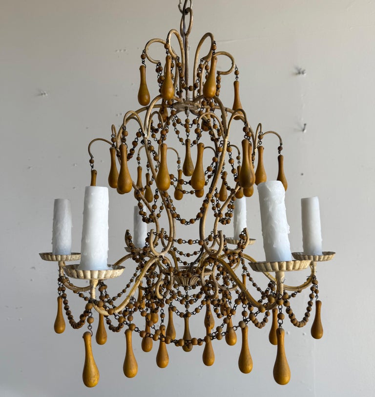 Pair of Italian Gilt Iron and Wood Beaded Chandeliers, Mid-20th Century