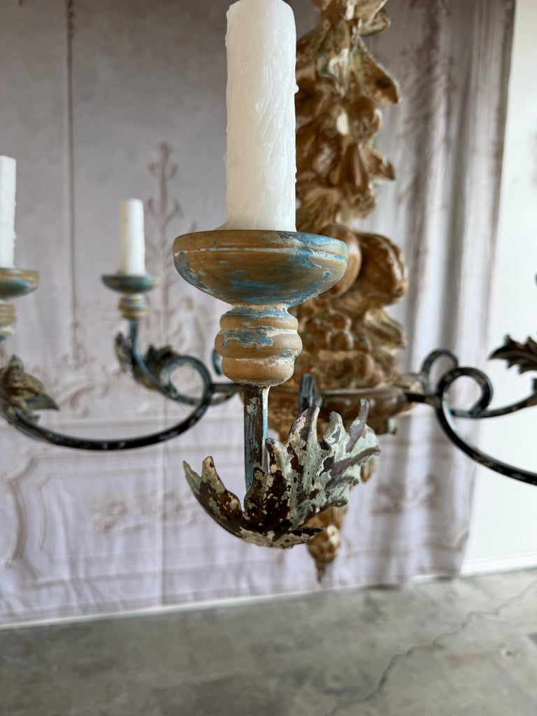 Italian Rococo Painted Wood & Iron 6-Light Chandelier with Fruit Garland