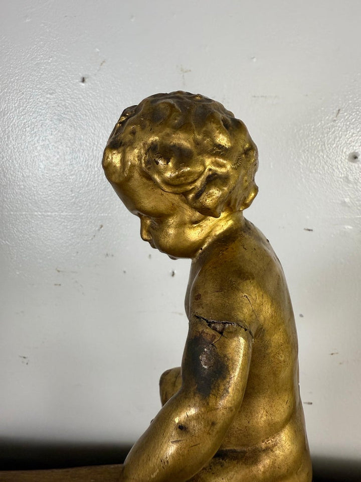 19th Century Italian Giltwood Cherub on Carved Plinth Base