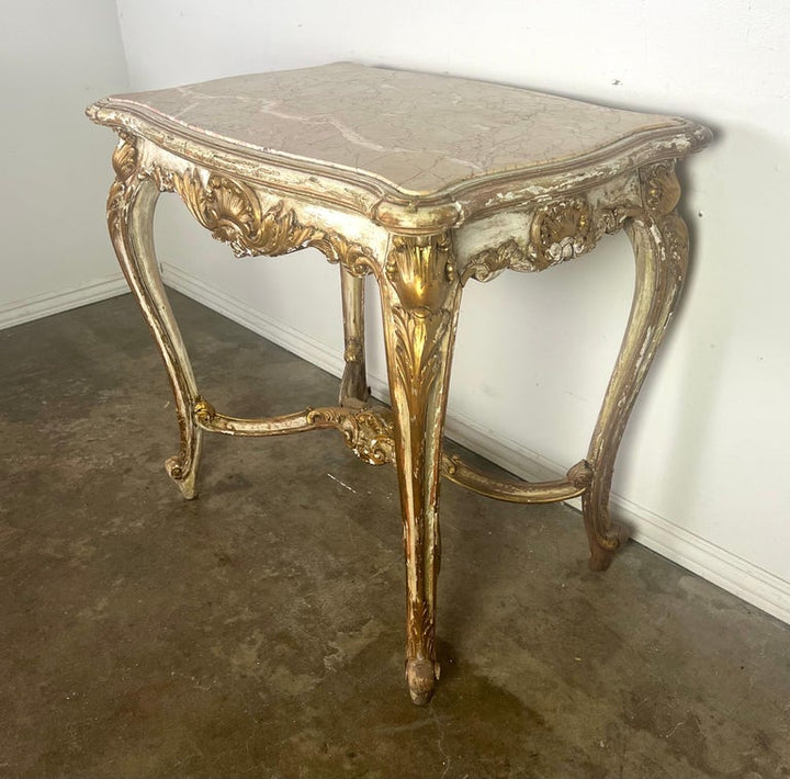 19th C. French Painted & Parcel Gilt Table w/ Marble Top