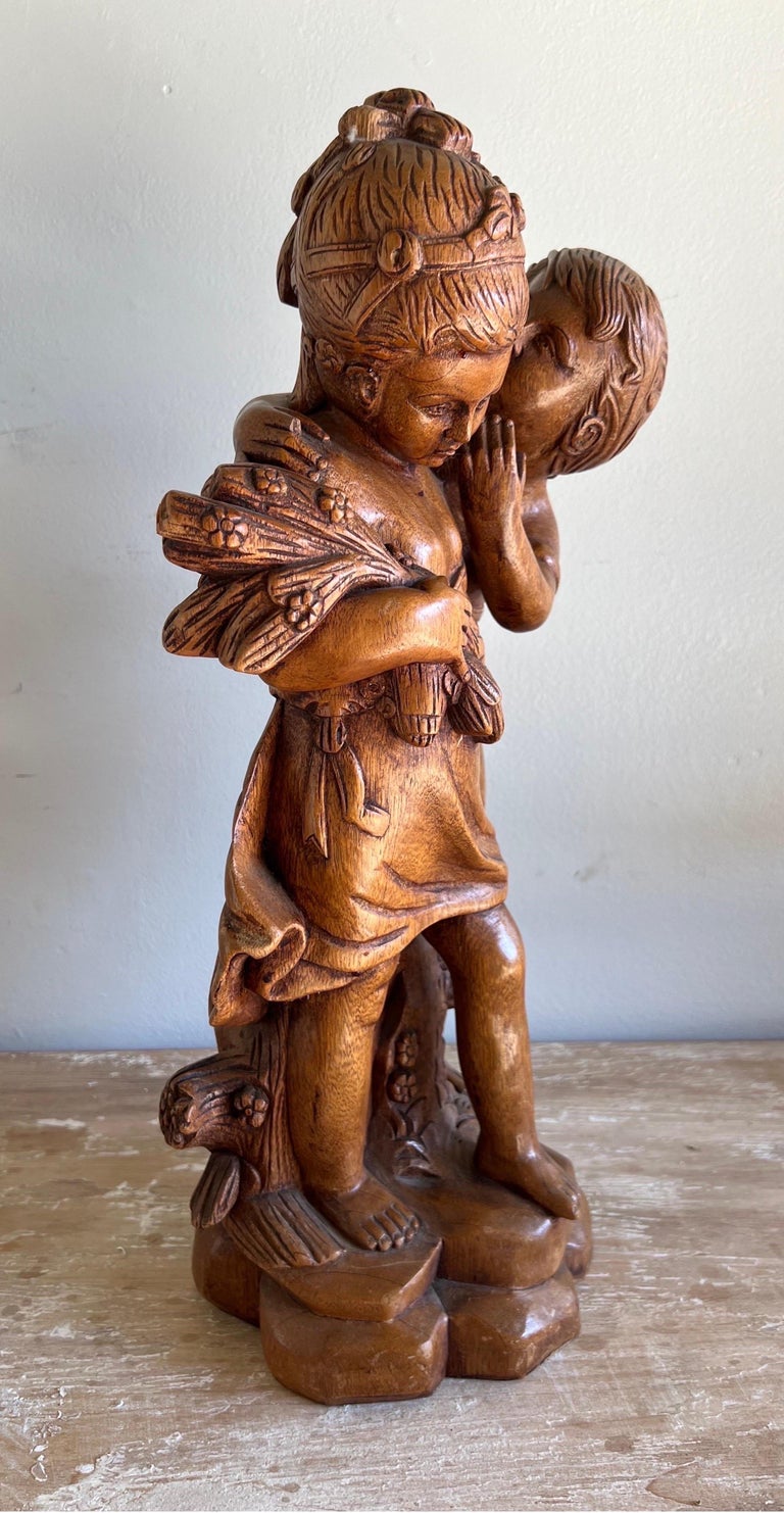 French Walnut Carved Figuritive Sculpture of Boy & Girl