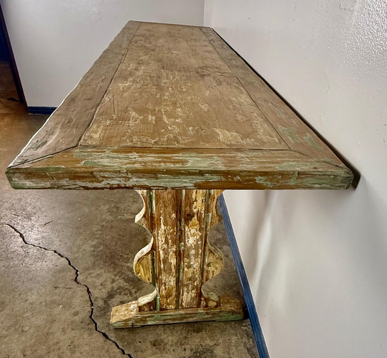 Weathered Swedish-Style Pine Console Table with Lyre-Shaped Supports