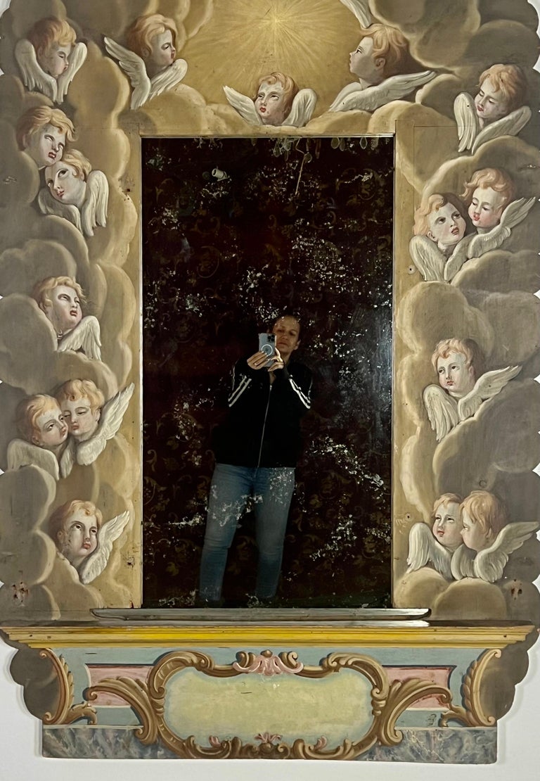 19th Century Italian Hand Painted Mirror with Winged Angels