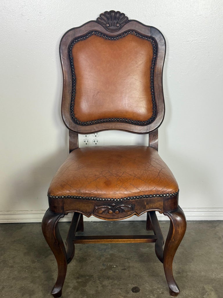 Set of Eight French Carved Wood Dining Chairs with Leather Upholstery