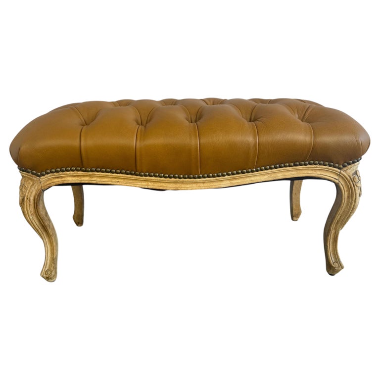 French Louis XV Style Tufted Bench - Caramel Leather
